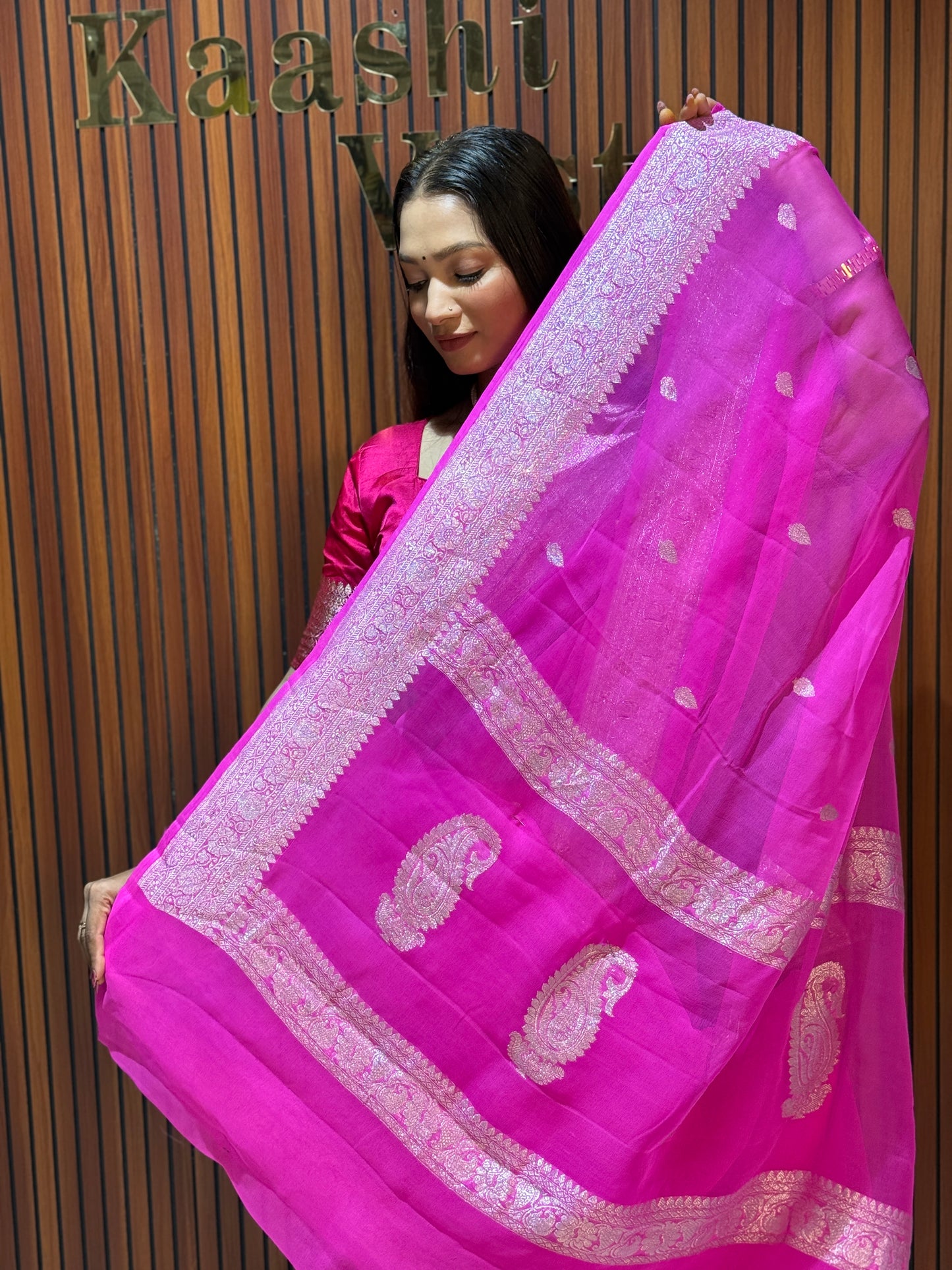Strawberry pink premium Banarasi pure khaddi chiffon silk saree KC103