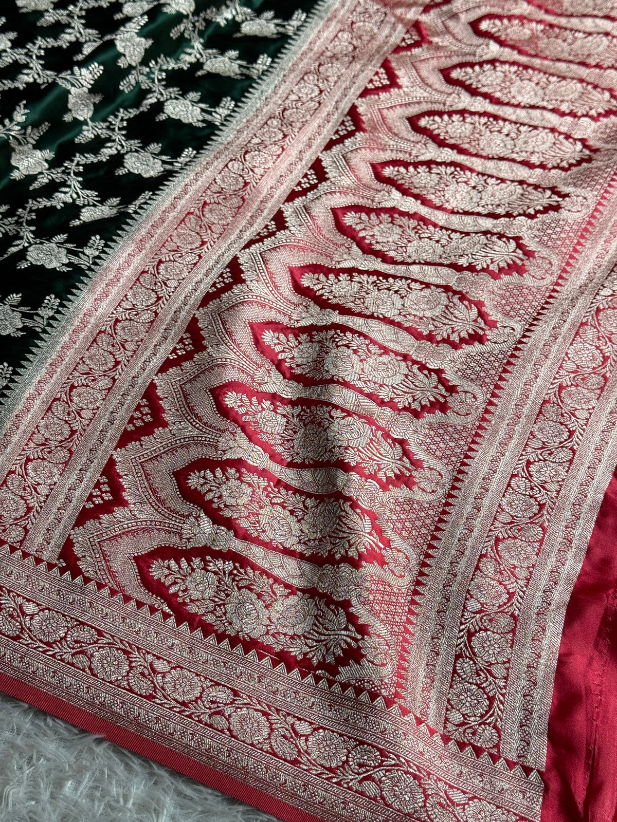 Bottle green with pink premium Banarasi Mashru katan silk saree MK285