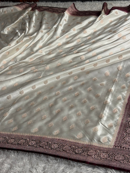 Wine with off white colour premium Banarasi Mashru katan silk saree MK290
