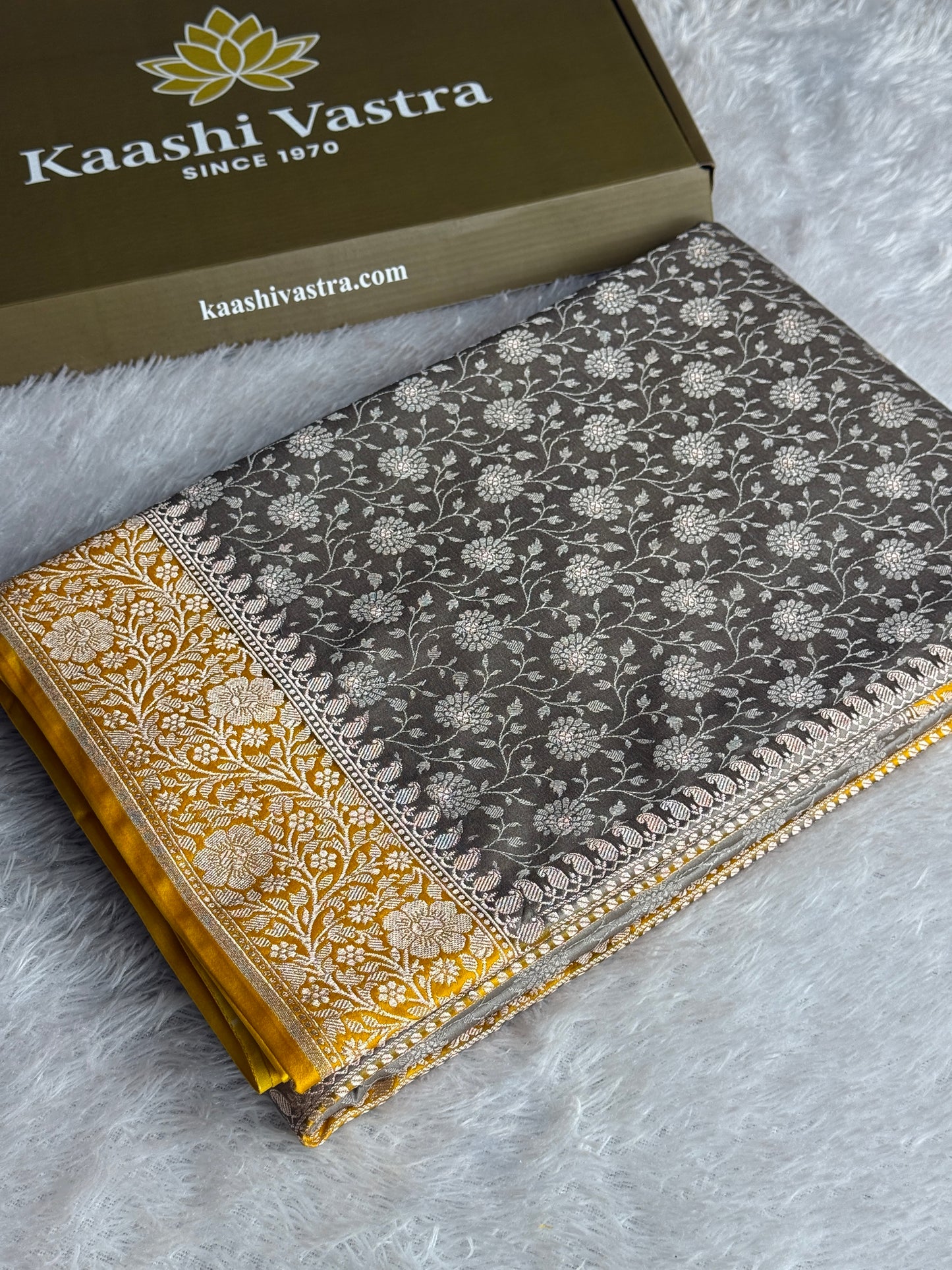 Grey with gold colour premium Banarasi Mashru katan silk saree MK248