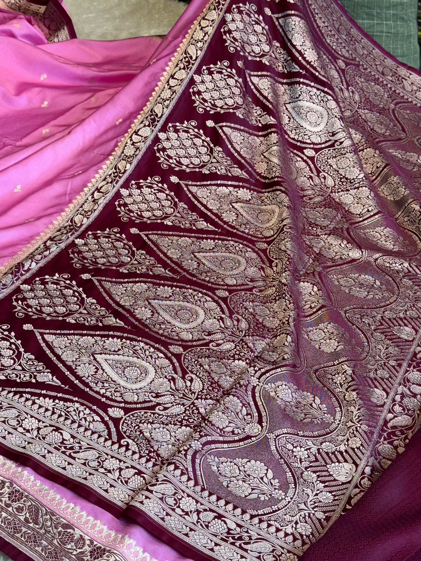 Pink with brown colour premium Banarasi Mashru katan silk saree MK281