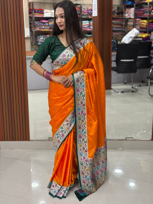 Orange with bottle green premium Banarasi Mashru katan silk saree MK264