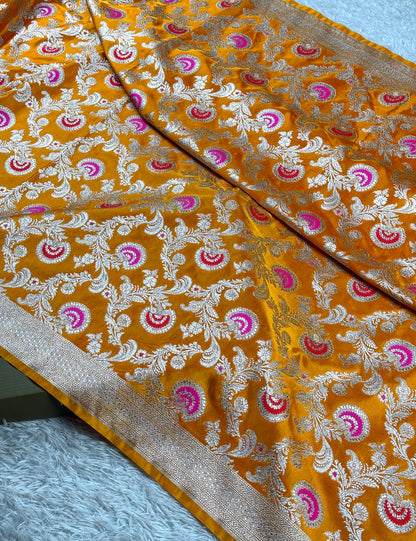 Mustard yellow premium Banarasi Mashru katan silk saree MK276