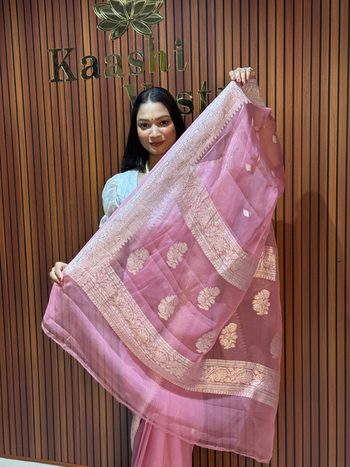 ONION PINK Banarasi pure khaddi chiffon silk saree KC101
