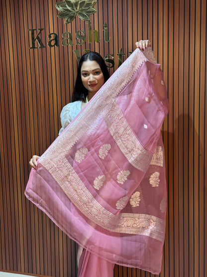 ONION PINK Banarasi pure khaddi chiffon silk saree KC101