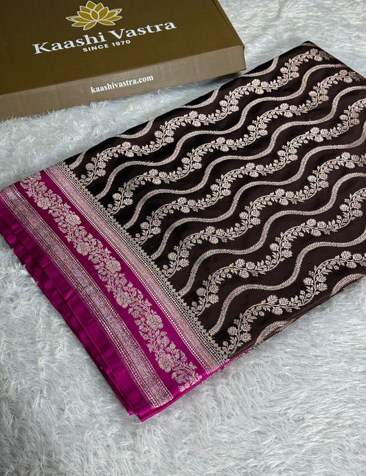 Coffee brown with pink premium Banarasi Mashru katan silk saree MK257