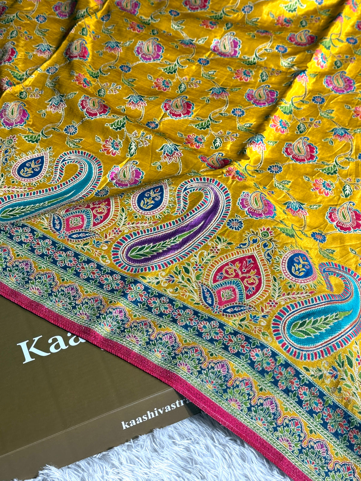 Mustard color premium Banarasi pure soft satin pashmina silk saree PN101