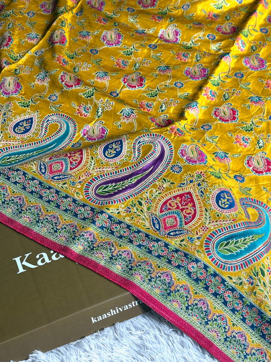 Mustard color premium Banarasi pure soft satin pashmina silk saree PN101