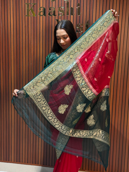 Red with bottle green colour premium Banarasi pure khaddi chiffon silk saree KC102