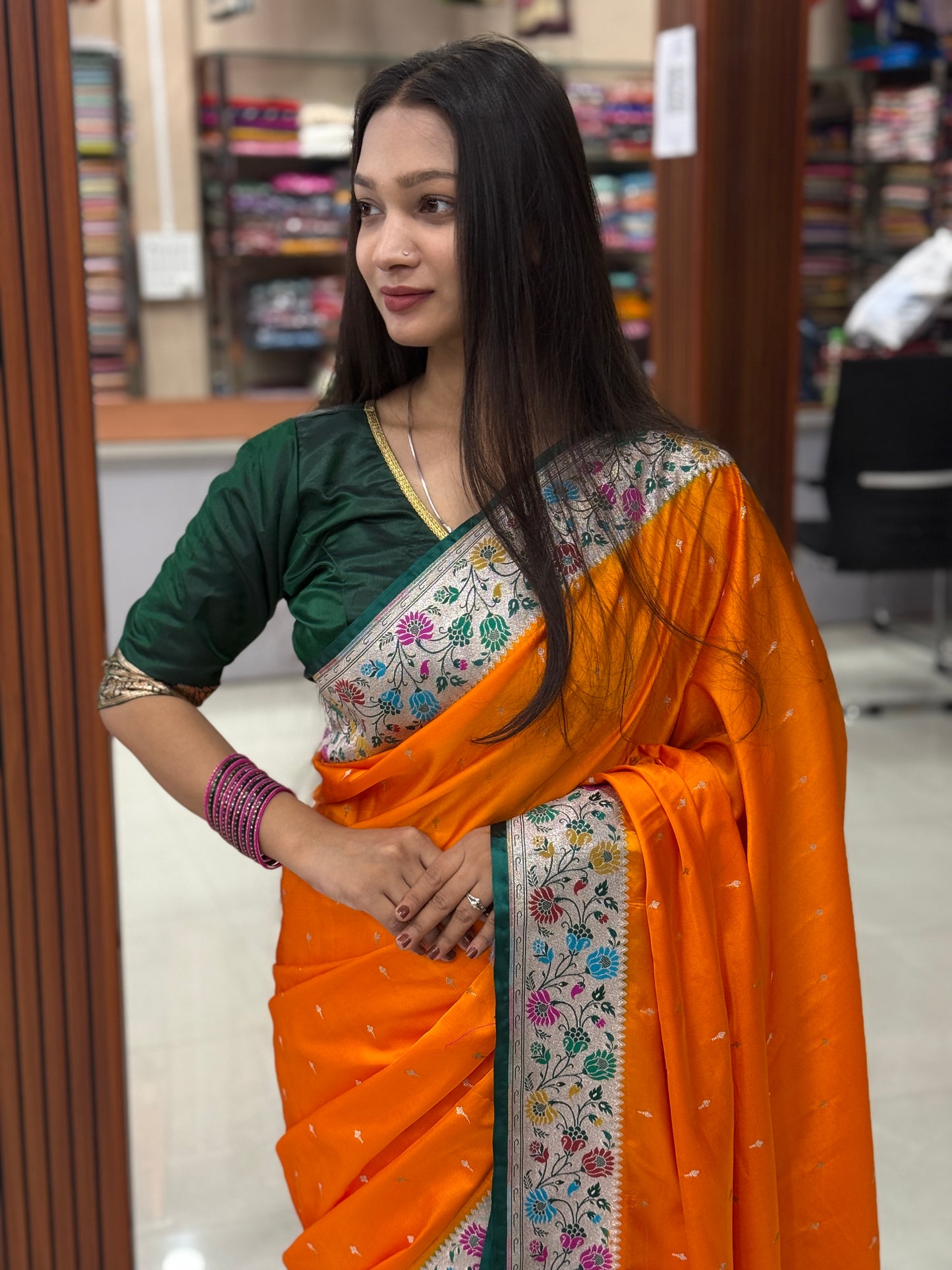 Orange with bottle green premium Banarasi Mashru katan silk saree MK264
