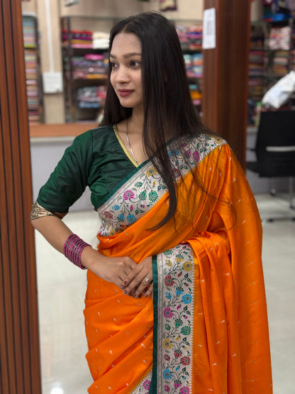 Orange with bottle green premium Banarasi Mashru katan silk saree MK264