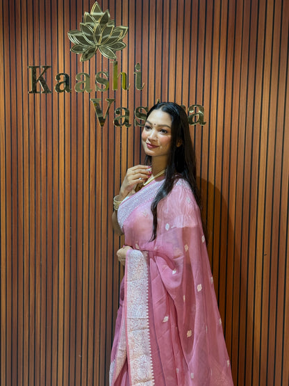 ONION PINK Banarasi pure khaddi chiffon silk saree KC101