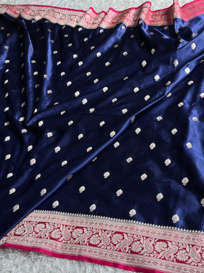 Navy with rani pink premium Banarasi Mashru katan silk saree MK182