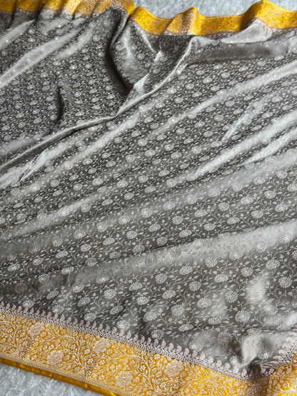 Grey with gold colour premium Banarasi Mashru katan silk saree MK248
