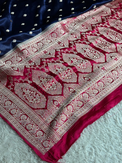 Navy with rani pink premium Banarasi Mashru katan silk saree MK182