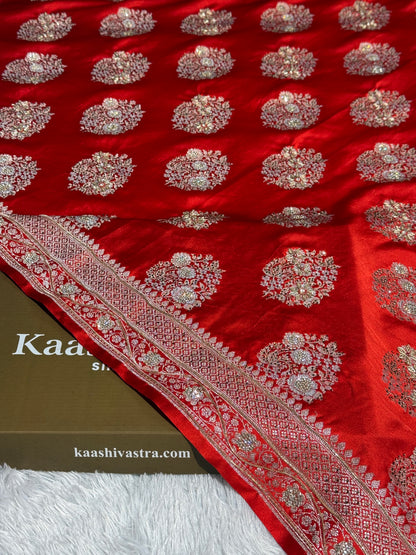 New masterpiece red colour premium Banarasi Mashru katan silk saree MKB101