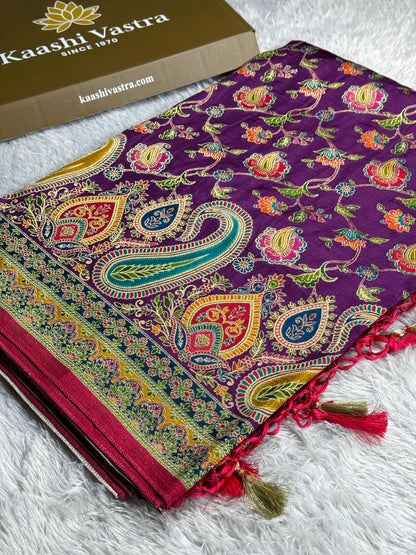 Purple color premium Banarasi pure soft satin pashmina silk saree PN101
