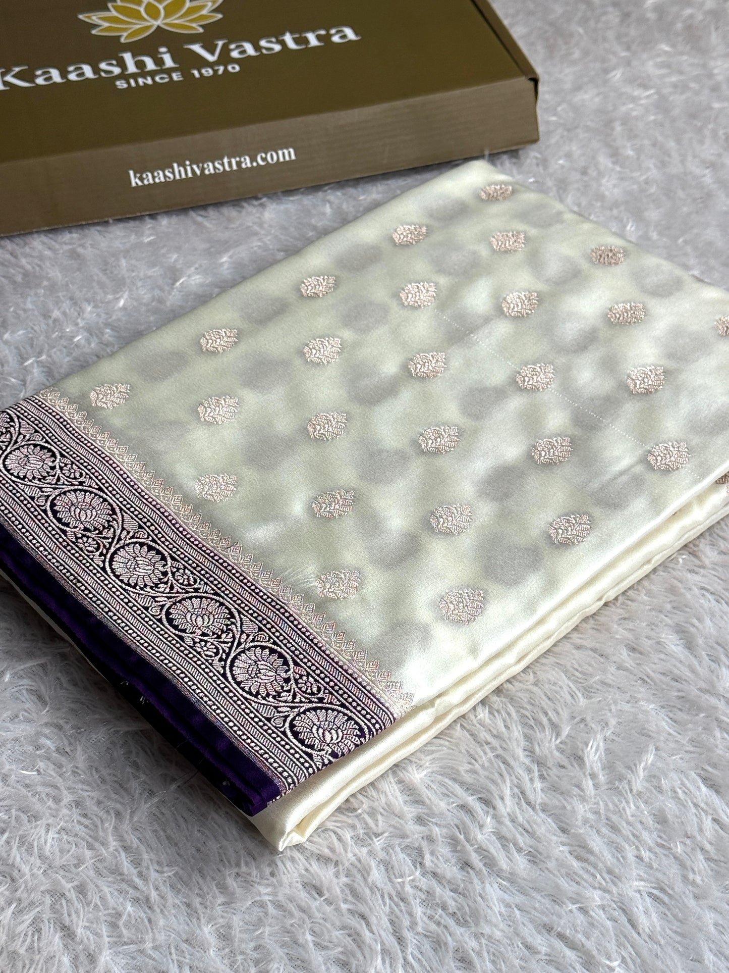 Off white with purple colour premium Banarasi Mashru katan silk saree MK290