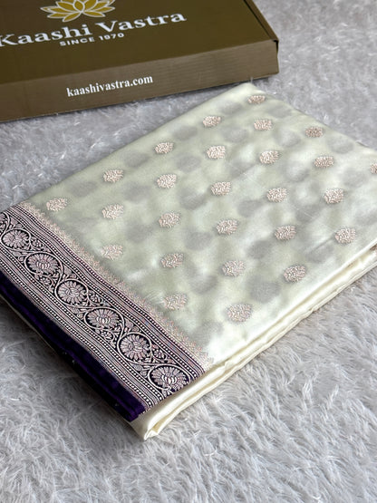 Off white with purple colour premium Banarasi Mashru katan silk saree MK290