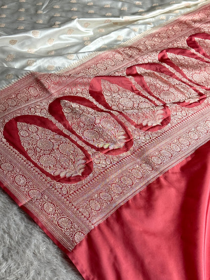 Off white with peach colour premium Banarasi Mashru katan silk saree MK290