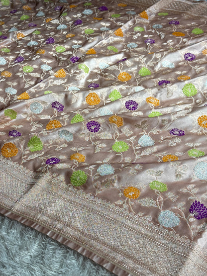 Beige colour premium Banarasi tilfi Mashru katan silk saree MK194