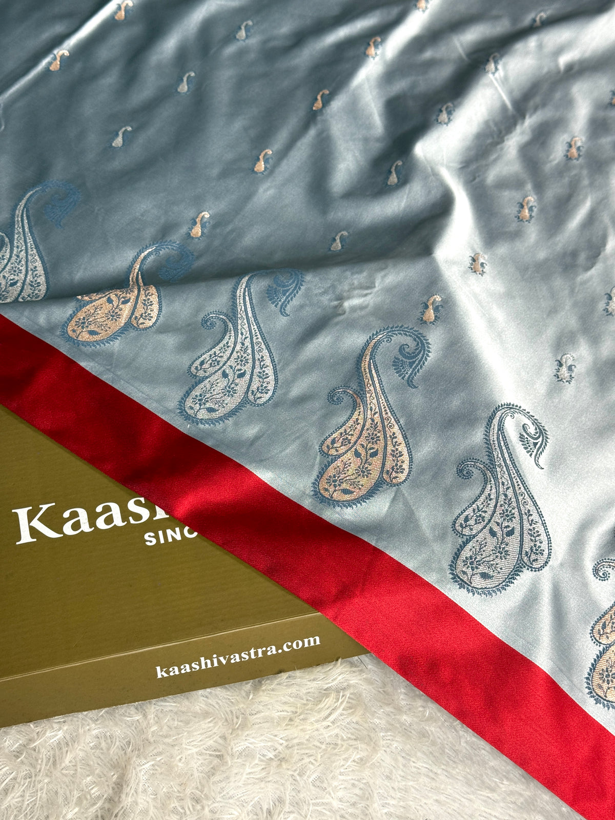 Grey with red premium Banarasi Mashru katan silk saree MK283