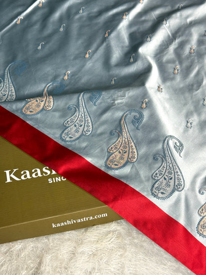 Grey with red premium Banarasi Mashru katan silk saree MK283