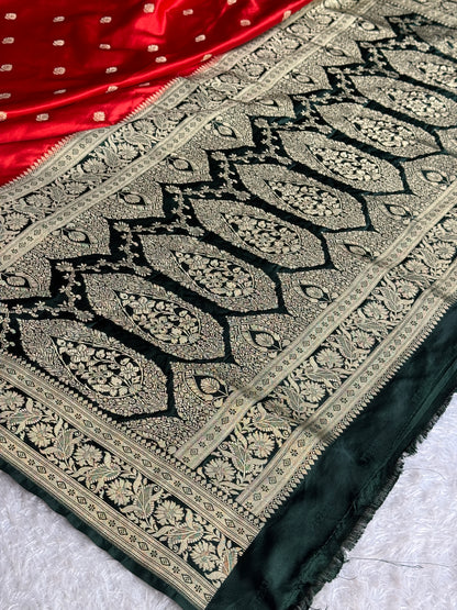 Red and bottle green colour premium Banarasi Mashru katan silk saree MK182