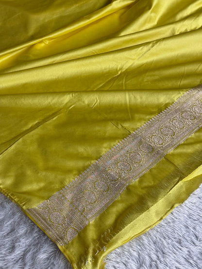 Lemon with off white colour premium Banarasi Mashru silk saree MK290