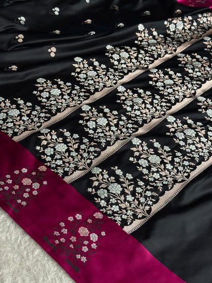 Black and Rani pink colour premium Banarasi Mashru katan silk saree MK323