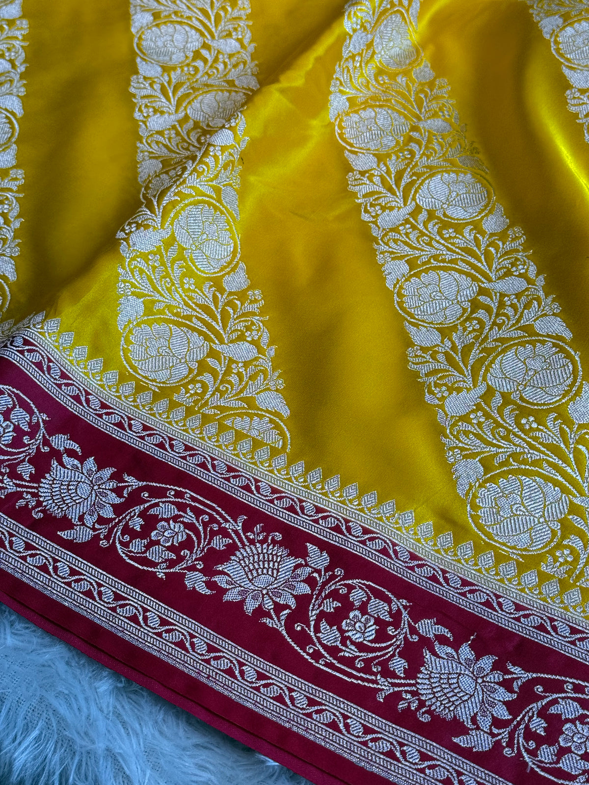 Yellow and cherry red premium Banarasi Mashru katan silk saree MK279