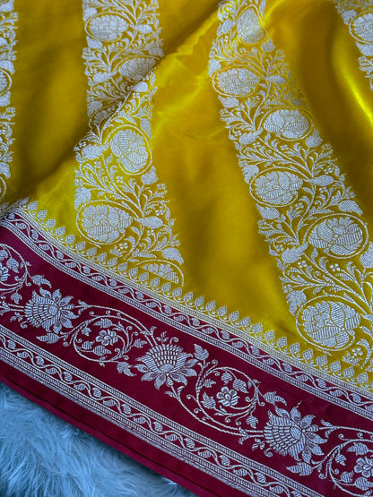 Yellow and cherry red premium Banarasi Mashru katan silk saree MK279