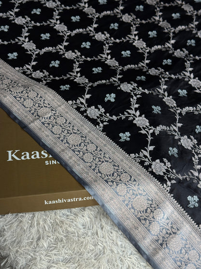 Black and grey colour premium Banarasi Mashru katan silk saree MK339
