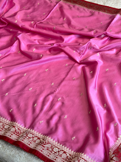 Pink with cherry red premium Banarasi Mashru katan silk saree MK281