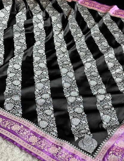 Black and lavender colour premium Banarasi Mashru katan silk saree MK279