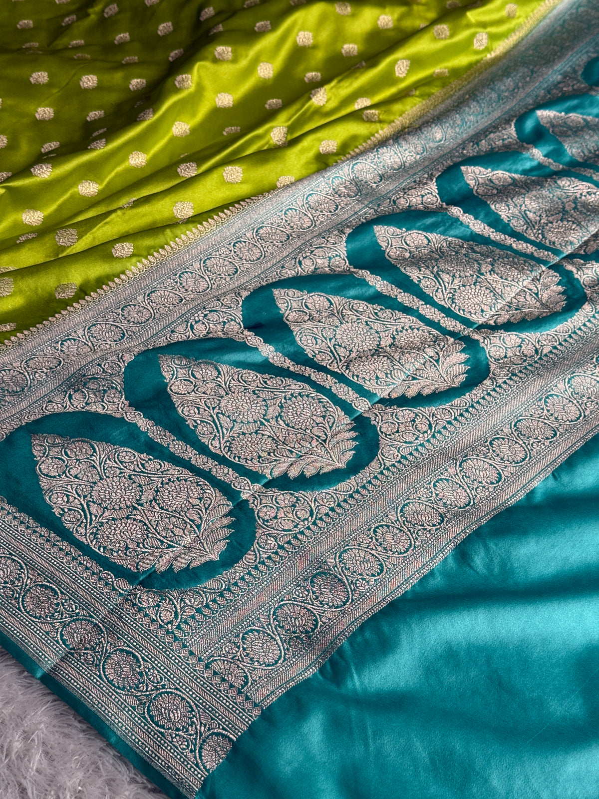 Parrot green with sea blue premium Banarasi Mashru katan silk saree MK290