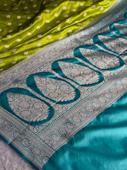 Parrot green with sea blue premium Banarasi Mashru katan silk saree MK290