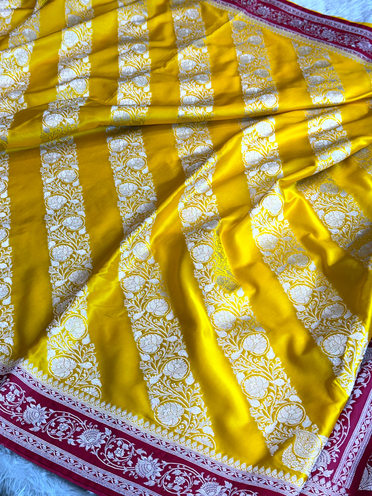 Yellow and cherry red premium Banarasi Mashru katan silk saree MK279
