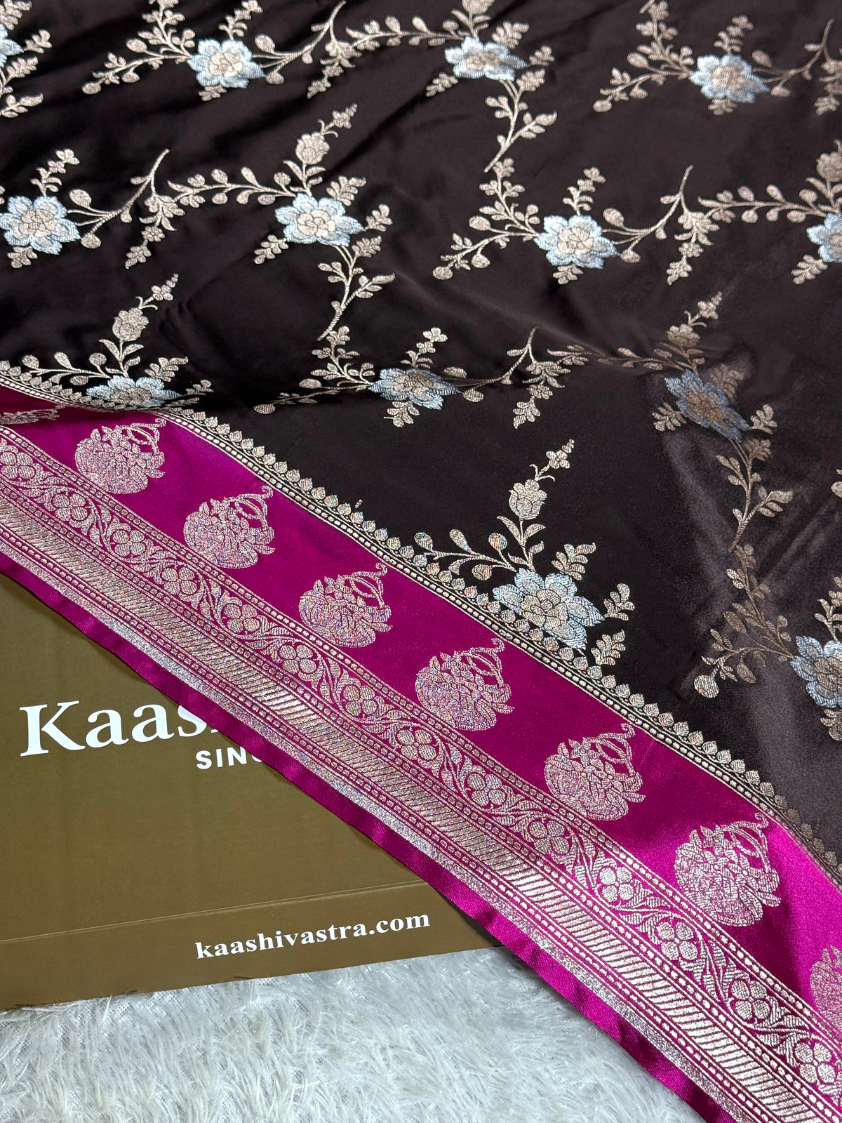 Hot pink coffee brown premium Banarasi Mashru katan silk saree MK258