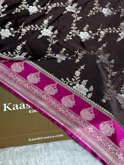 Hot pink coffee brown premium Banarasi Mashru katan silk saree MK258
