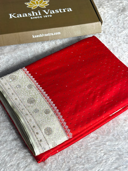 Bridal red with off white colour premium Banarasi Mashru katan silk saree MK268