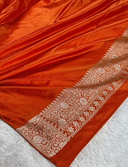 Orange with off white premium Banarasi tanchui Mashru katan silk saree MK248
