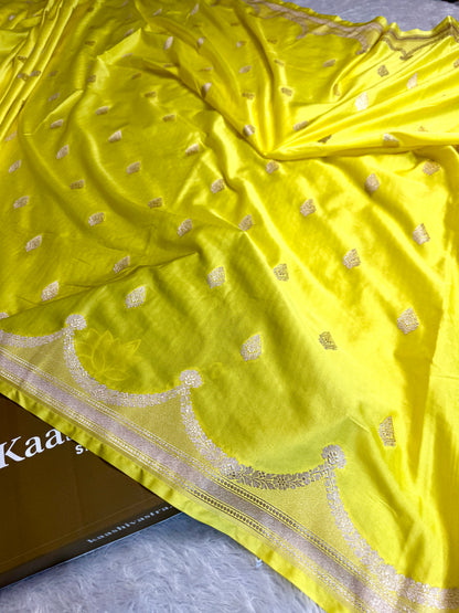 Lemon yellow premium Banarasi Mashru katan silk saree