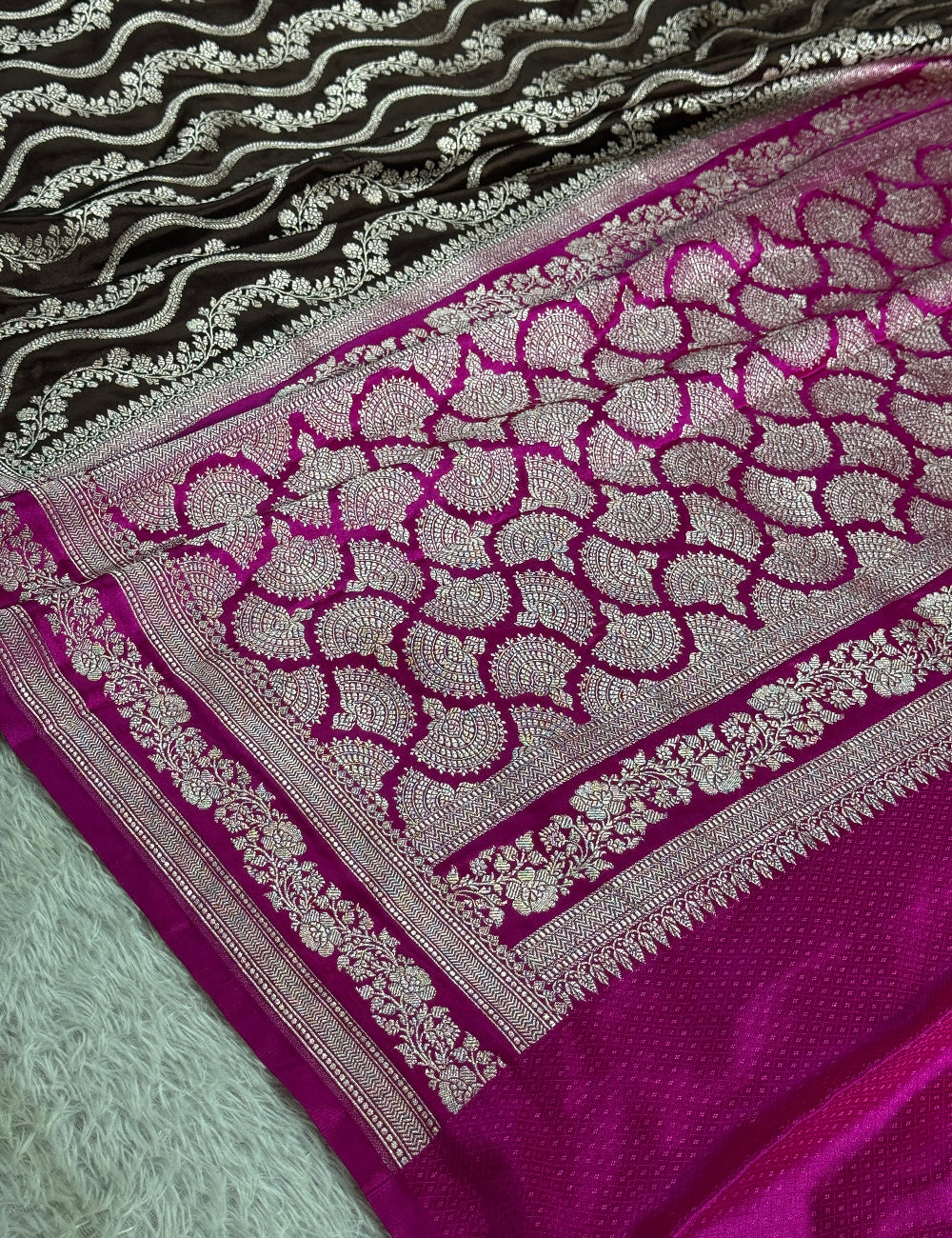 Coffee brown with pink premium Banarasi Mashru katan silk saree MK257