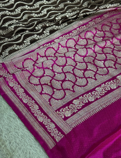 Coffee brown with pink premium Banarasi Mashru katan silk saree MK257