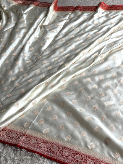 Off white with red premium Banarasi Mashru katan silk saree MK290