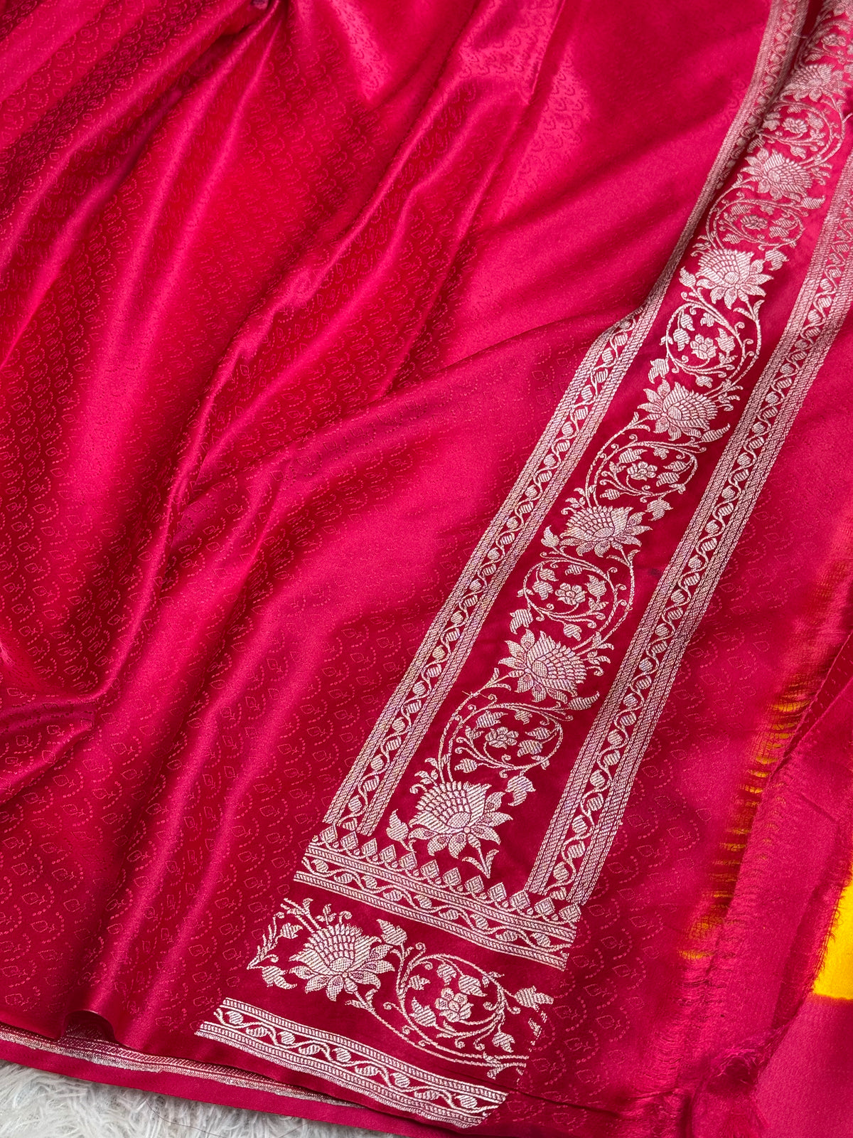 Yellow and cherry red premium Banarasi Mashru katan silk saree MK279