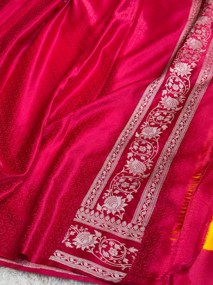 Yellow and cherry red premium Banarasi Mashru katan silk saree MK279