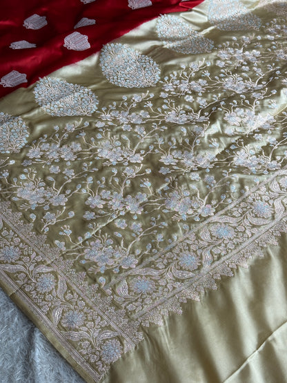 Maroon with cream colour premium Banarasi Mashru katan silk saree MK295