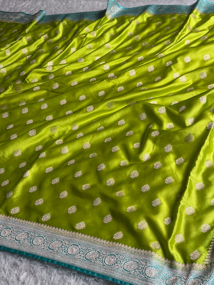 Parrot green with sea blue premium Banarasi Mashru katan silk saree MK290